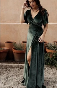Baltic Born Women XL Meghan Velvet Wrap Maxi Dress Holiday Green Soft New - Picture 1 of 13