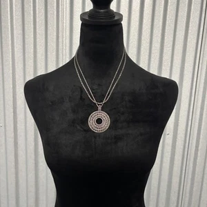 Sterling Silver Circle Pendant Necklace Women Marcasite Double Chain Adjustable - Picture 1 of 15