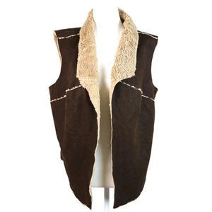 Brown Faux Leather Vest XL Faux Fur Lined Trimmed Boho Western Shearling Womens - Picture 1 of 8