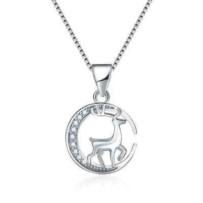 Plata Luna Ciervo Circonita Cúbica Reno Colgante Cadena Collar Amor Regalo AJ Foto 1 de 4