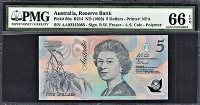 Australia 1992 Polymer $5 GREEN Serial Pick-50a Fraser/Cole GEM UNC PMG 66 EPQ - Image 1 of 2