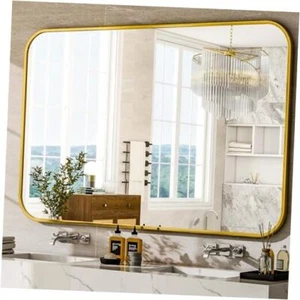 Round Corner Top Bathroom Mirror 30''48''Rectangle Aluminum 48"L x 30"W Gold - Picture 1 of 8