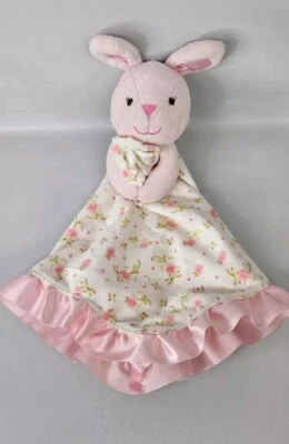 Prestige Bunny Rabbit Blanco Rosa Flor Rosa Satén Manta de Seguridad Lovey Volantes Foto 1 de 4