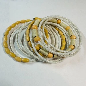 Handmade Wooden and Beaded Bracelet Boho Style Natural Ivory and Yellow Stretch - Picture 1 of 2