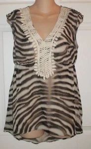 Heart Soul Zebra Black Brown Cream Crochet Tank Top Shirt Chiffon M - Picture 1 of 4