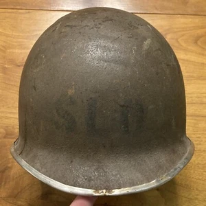 ORIGINAL WW2 UNITED STATES M1 HELMET “SLO” PAINTED FRONT SEAM FIXED BALE - Picture 1 of 8