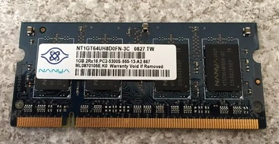 Nanya 1GB 2Rx16 PC2-5300S 667MHZ DDR2 Laptop RAM (NT1GT64UH8D0FN-3C) - Image 1 of 2
