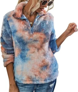 Women' Tie Dye Print Long Sleeve Zipper Fleece Sweatshirt Fuzzy (Blue,SIze:L) - Picture 1 of 4