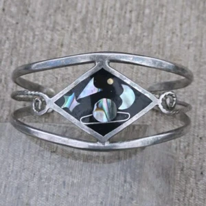 Alpaca Mexico Silver Abalone Inlay Cuff Bracelet Celestial Moon Star Planet - Picture 1 of 11