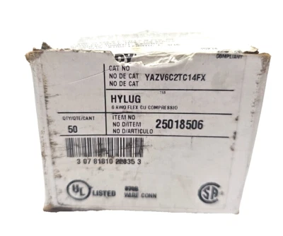 50 BURNDY YAZV6C2TC14FX Compression Connector 2Hole Lug Copper Straight 6AWG - Image 1 of 3