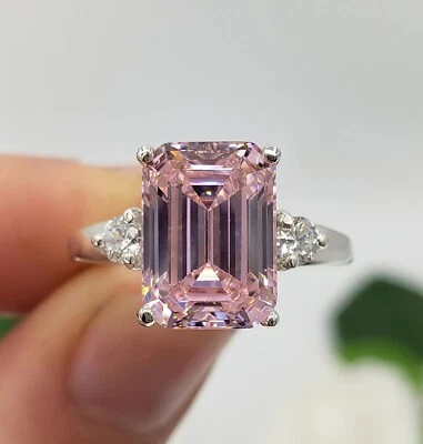 Anillo de diamantes de zafiro rosa natural talla esmeralda de 4,20 quilates de oro blanco de 14 quilates talla 7 Foto 1 de 4
