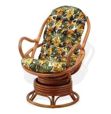 Silla mecedora giratoria Java ECO hecha a mano Wiker ratán con cojín floral, coñac Foto 1 de 3