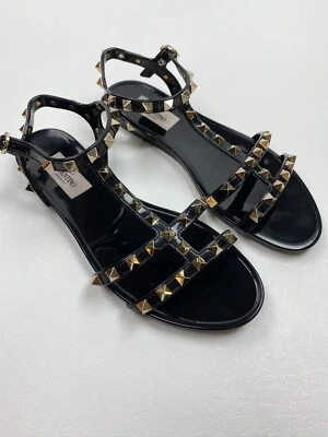 Valentino 'Rockstud' Sandal Size 36  RETAIL $495  BLACK W/GOLD STUDS #289 - Image 1 of 4