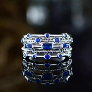 Royal Blue Cubic Zirconia Wedding Band Eternity Stacking Ring UK - Picture 1 of 4