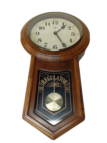 Regulator Wall Clock Elgin, Beveled Domed Glass Face, Wood Frame Brass Pendulum Cover