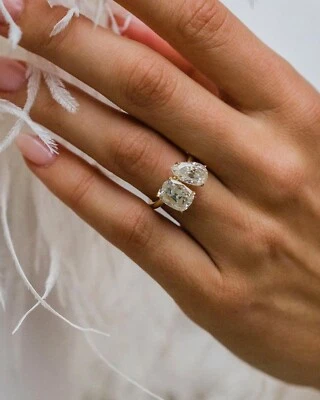 Old Mine Pear And Cushion Cut Moissanite 14KT Yellow Gold Toi Et Moi Women Ring - Image 1 of 4