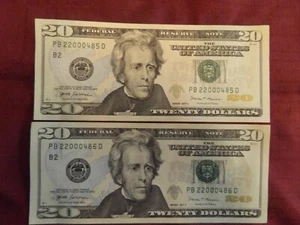 Two Consecutive & Uncirculated Fancy Serial Number 2017a $20 Twenty Dollar Bills - Picture 1 of 4