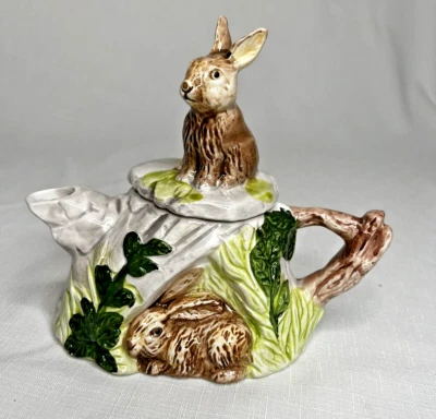 VTG CBK Ltd. Bunny In A Tree Stump Rabbit Teapot Tree Limb Handle Ceramic 1990 - Image 1 of 4