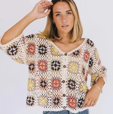 POL One Loved Babe Tender Moments Patchwork Grandma Square Crochet Cardigan - Image 1 of 4