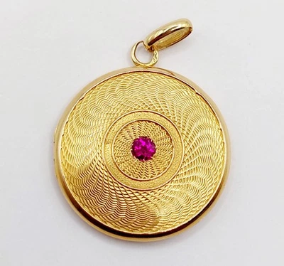 Pendentif porte photo antique or rose 18k motif guillochés et rubis - Photo 1/4