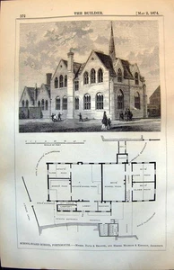 Original alter antiker Druck Schultafel Schule Portsmouth Plan Außenansicht 1874 - Bild 1 von 1