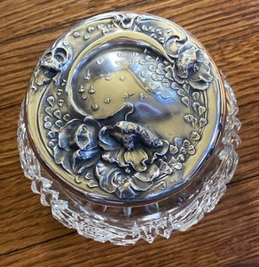 Antikes JUGENDSTIL Mohnblumen Sterlingsilber geschliffenes Glas Waschtisch Puderdose - Bild 1 von 16