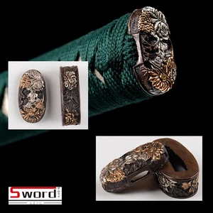 Flower Kashira Fuchi Gold Silver Plated Brass Butt Cap Hilt Collar For Katana - Picture 1 of 4
