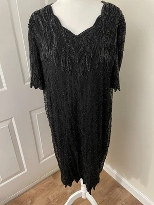 Vintage Laurence Kazar Silk Dress 2X Black Beaded Sequin Elegant Formal Holiday - Image 1 of 4