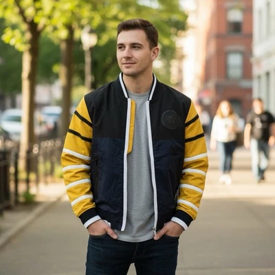 Under Armour UAS Heavy Bomber Jacket Leather Yellow Navy Black 2XL XXL New - Image 1 of 4