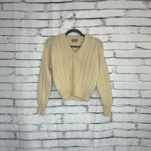 Vintage 40er Geiststex Wollpullover S V-Ausschnitt Kragen creme Rippstrick Schößchensaum - Bild 1 von 16