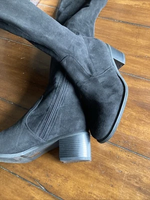 GoGo Boots W Zipper Black Suede Block Heel Tall Over Knee Stretch Size 9 byEllie - Image 1 of 4