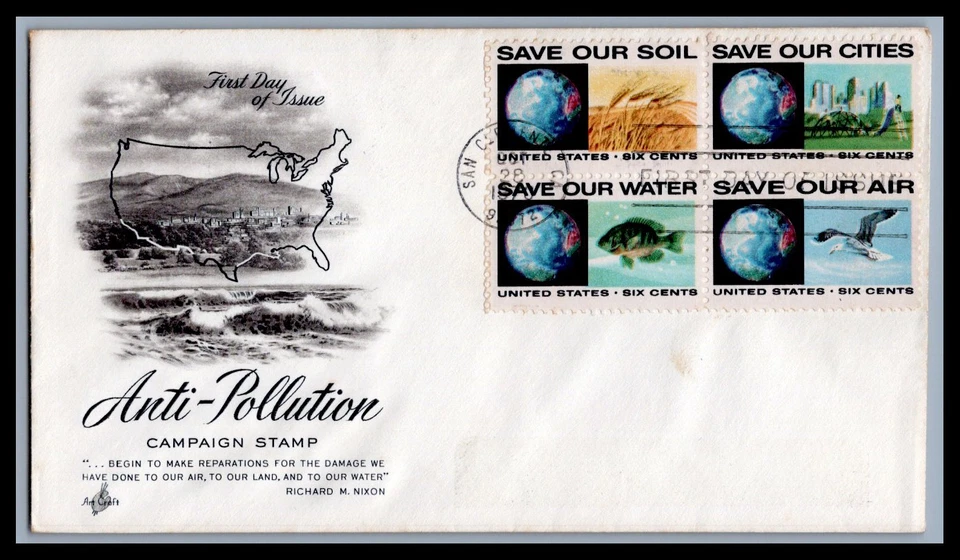 US FDC # 1412 6c Save Our Water ArtCraft Block L.Cancel 1970, 9d431 - Image 1 of 1