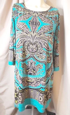 Alfani Petite Womens Aqua Black Floral Print 3/4 Sleeve Stretch Midi Dress Sz PM - Image 1 of 4