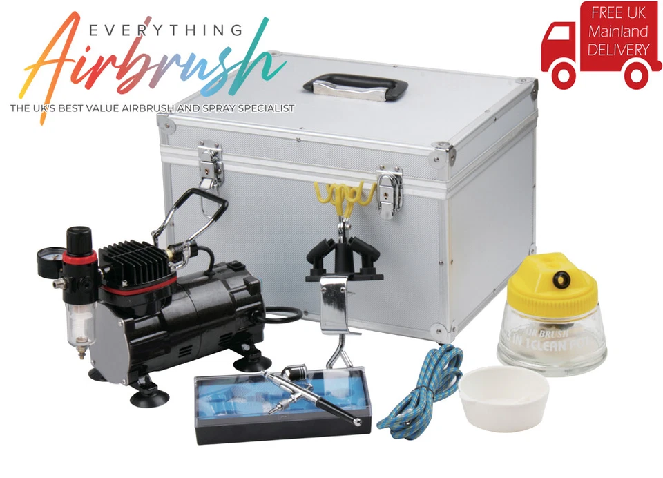 MINI PISTON COMPRESSOR & AB-130 AIRBRUSH KIT IN ALUMINIUM CARRY CASE - Image 1 of 1