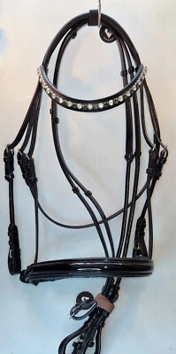 Lack Trense Leder schwarz weich grau klarer Strass anatomisch Zügel WB NEU - Bild 1 von 4