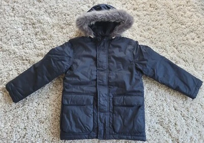 GYMBOREE  NAVY BLUE  GRAY FUR TRIM HOOD PUFFER JACKET S(5-6) NEW - Image 1 of 4