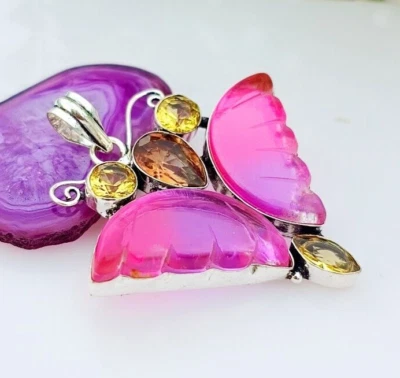 Watermelon Tourmaline Butterfly Pendant 925 Sterling Silver Gemstone Jewelry - Image 1 of 4