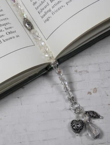 Filagree Beaded Thong Bookmark Czech Glass Rhinestone Handmade Clear Silver New - Picture 1 of 4