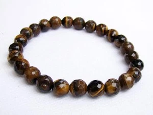 Natural Gemstone Men's Women's ELASTIC bracelet all 8mm Tiger Eye faceted beads - Picture 1 of 3
