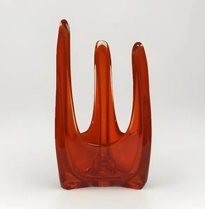 Vintage Wikinger Glas Epic Drei Folien Kerzenhalter 9" MCM Persimmon Orange Dekor - Bild 1 von 13