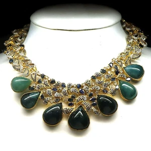 Collana In Argento 925 Con Grandiderite Verde, Zaffiro E Zircone 4,5" X 5,5" - Foto 1 di 5
