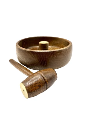 Vintage MCM Wood Bowl Nut Cracker W/Mallet Hammer Metal Heads Center - Image 1 of 2
