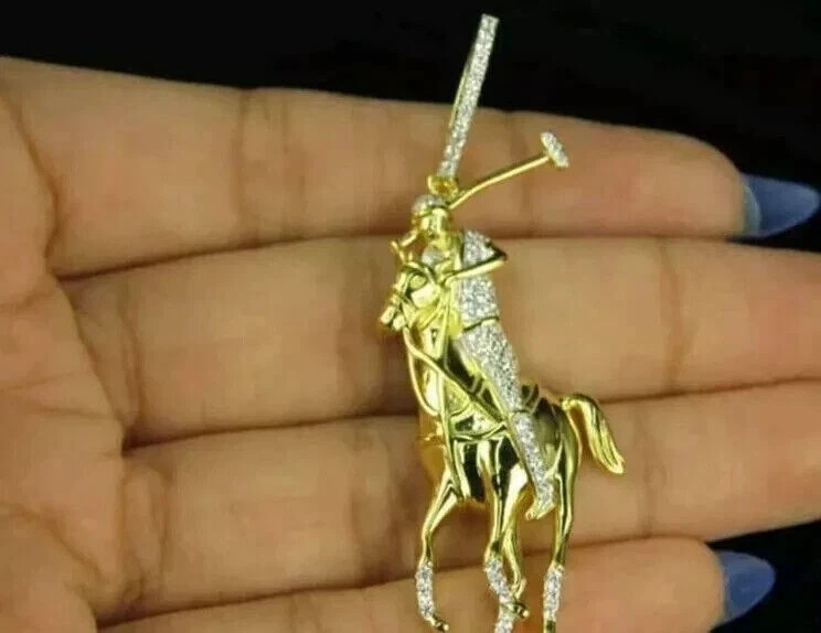 2Ct Round Cut Simulated Diamond Men's Polo Horse Pendant 14k Yellow Gold Plated - Imagem 1 de 1