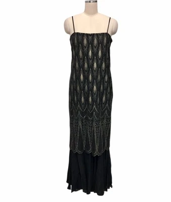 VTG 100% Silk Maxi Flapper Dress Black Gold Embroidery Gatsby Hong Kong Sz 10 - Image 1 of 4