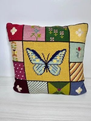 Vtg Needlepoint FLORAL BUTTERFLY RETRO Squares Throw Pillow Handmade 10.5”x11” - Image 1 of 4