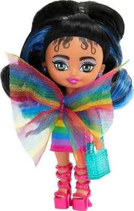 Barbie Extra Mini Minis Streaked Black Ponytail Wearing Rainbow Dress New - Picture 1 of 6