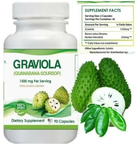 NATURAL GRAVIOLA EXTRACT 1500 mg 45 days Guanabana Soursop Immune Antioxidant - Picture 1 of 2
