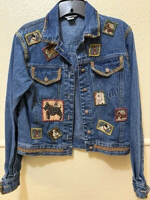 Vintage Stonebridge Women Jacket P Petite Denim Dogs Puppys Patches Embroidery - Image 1 of 4