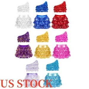 Kids Girls Dance Outfit Tiered Ruffles Sleeveless One Shoulder Vest Costume - Picture 1 of 85