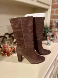 RALPH LAUREN Artizan II BROWN KID SUEDE Pull On Mid-Calf Boots Heels Size 8B - Picture 1 of 12